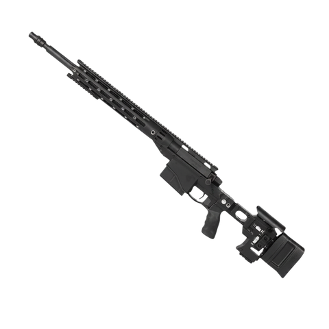Black MSR sniper gel blaster with bolt-action mechanism, scope, and durable nylon build