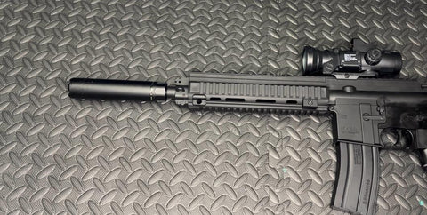Tactical black metal barrel attachment for enhanced gel blaster styling
